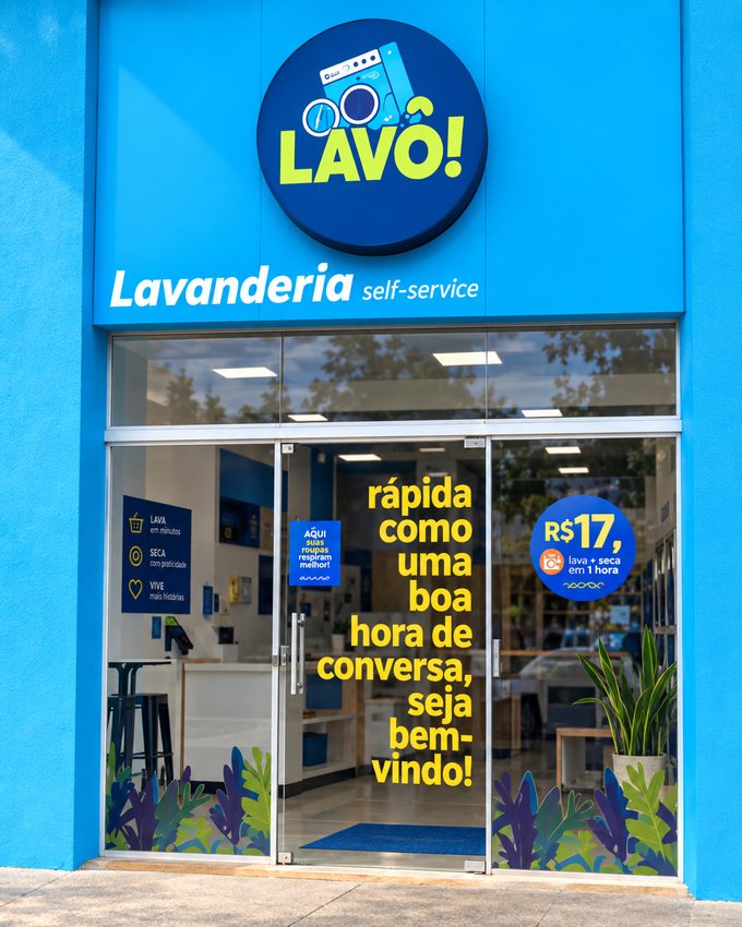 Fachada da Lavô: prédio azul com o letreiro redondo LAVÔ!, o texto Lavanderia Self-service e as portas de vidro da entrada, com a frase rápida como uma boa hora de conversa, seja bem-vindo
